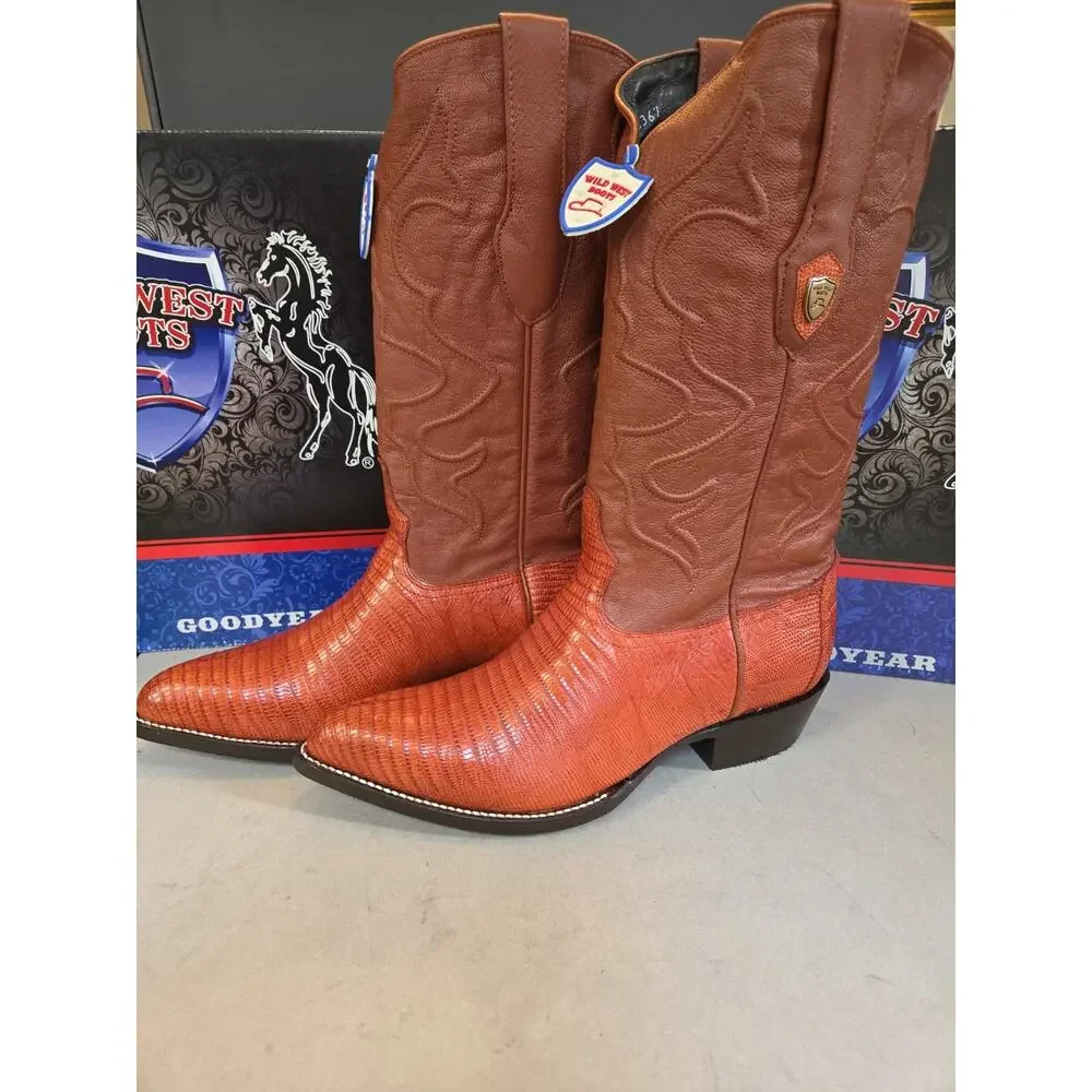 WILD WEST COGNAC 3X-TOE GENUINE TEJU LIZARD WESTERN COWBOY BOOT 11.5 (EE)